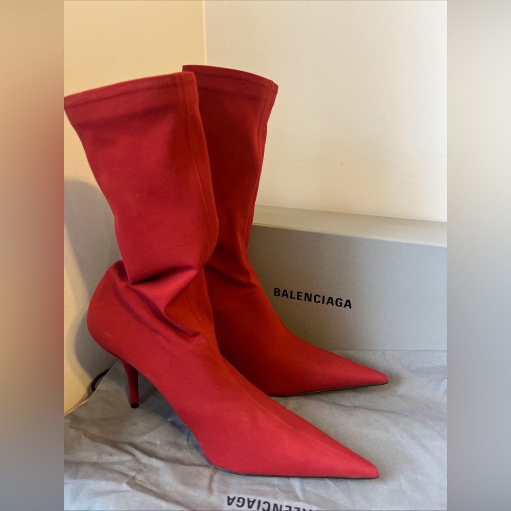 $1290 Balenciaga Red Pointed Toe Sock Knife Boots Booties - 8 US / 38 EU